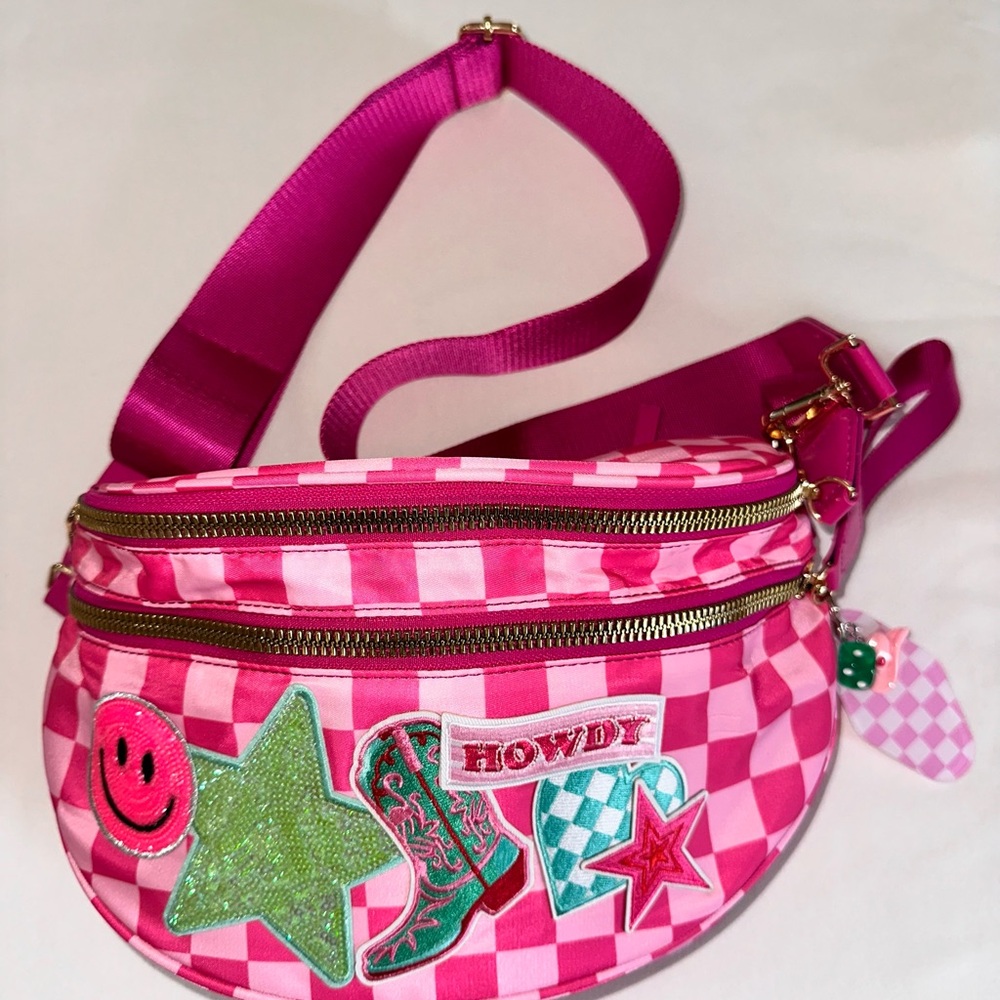 Vibrant Pink Checkered Crossbody Bag with Fun Patches